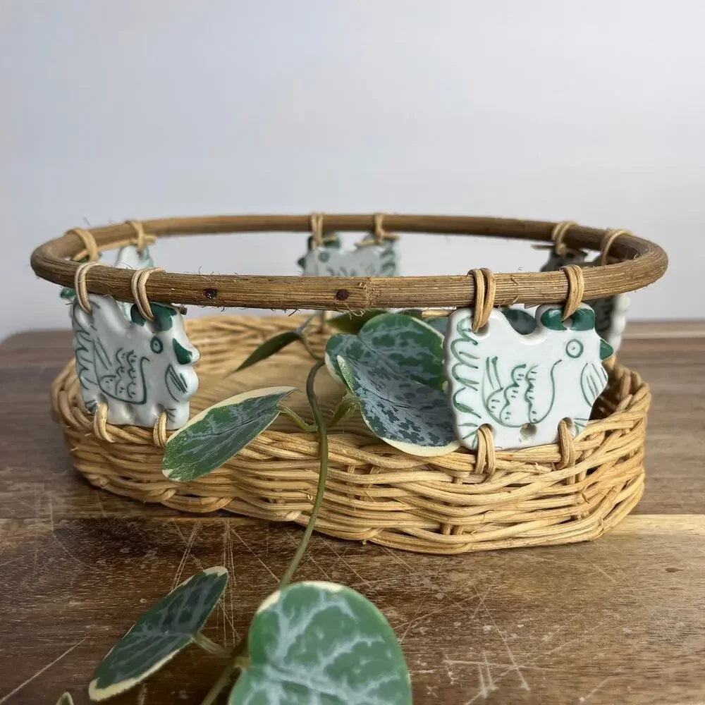 Vintage Wicker Basket w/ White & Sage Green Ceramic Chicken Accents Farmhouse